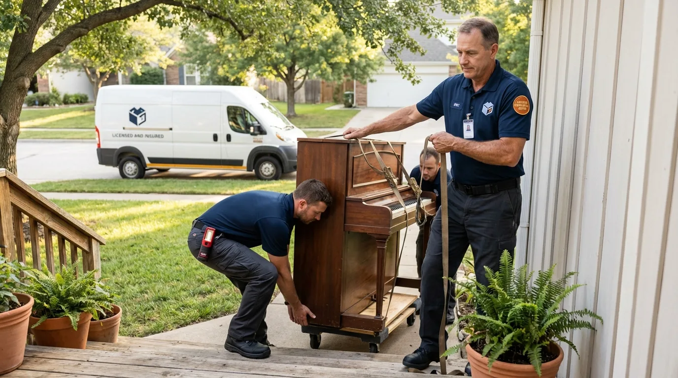 Licensed piano movers securing grand piano in High Ridge, MO