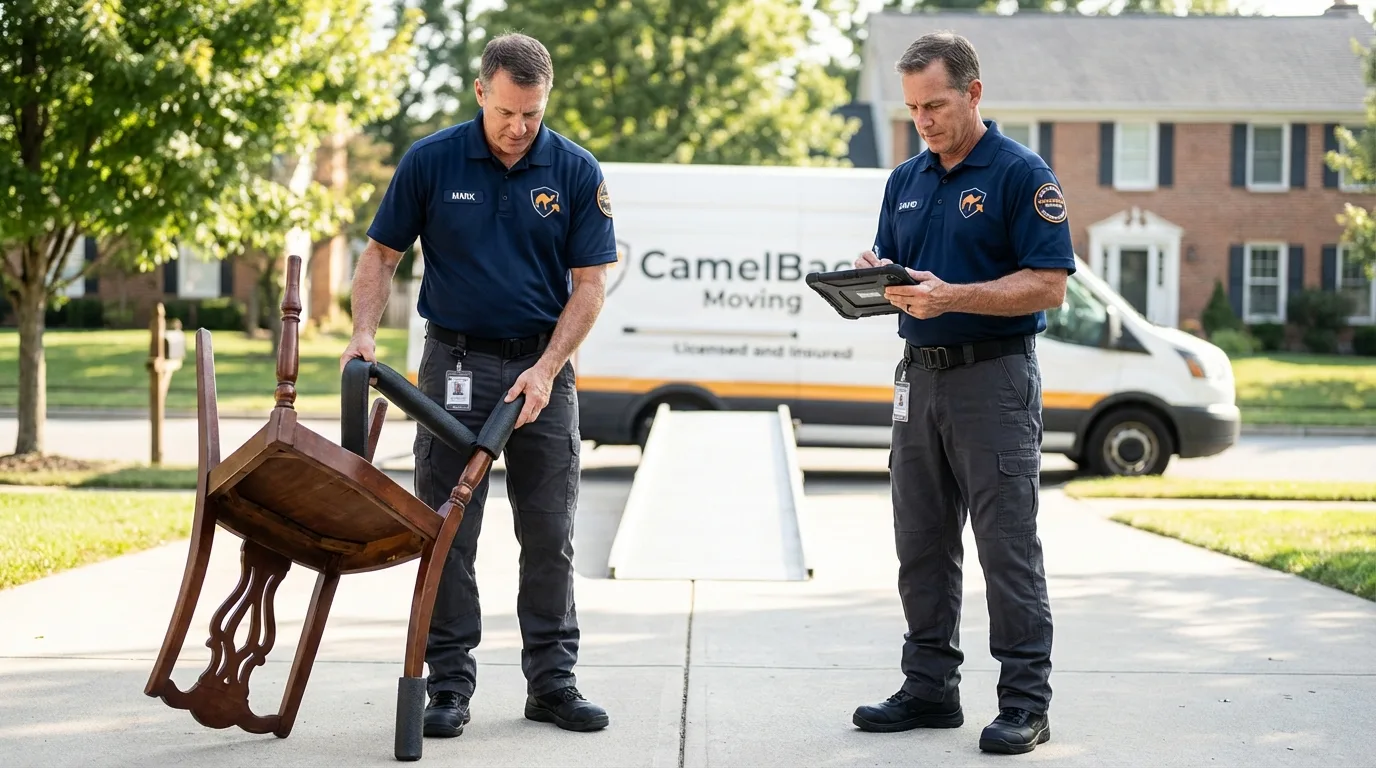Movers inspecting furniture for damage prevention before loading in High Ridge, MO
