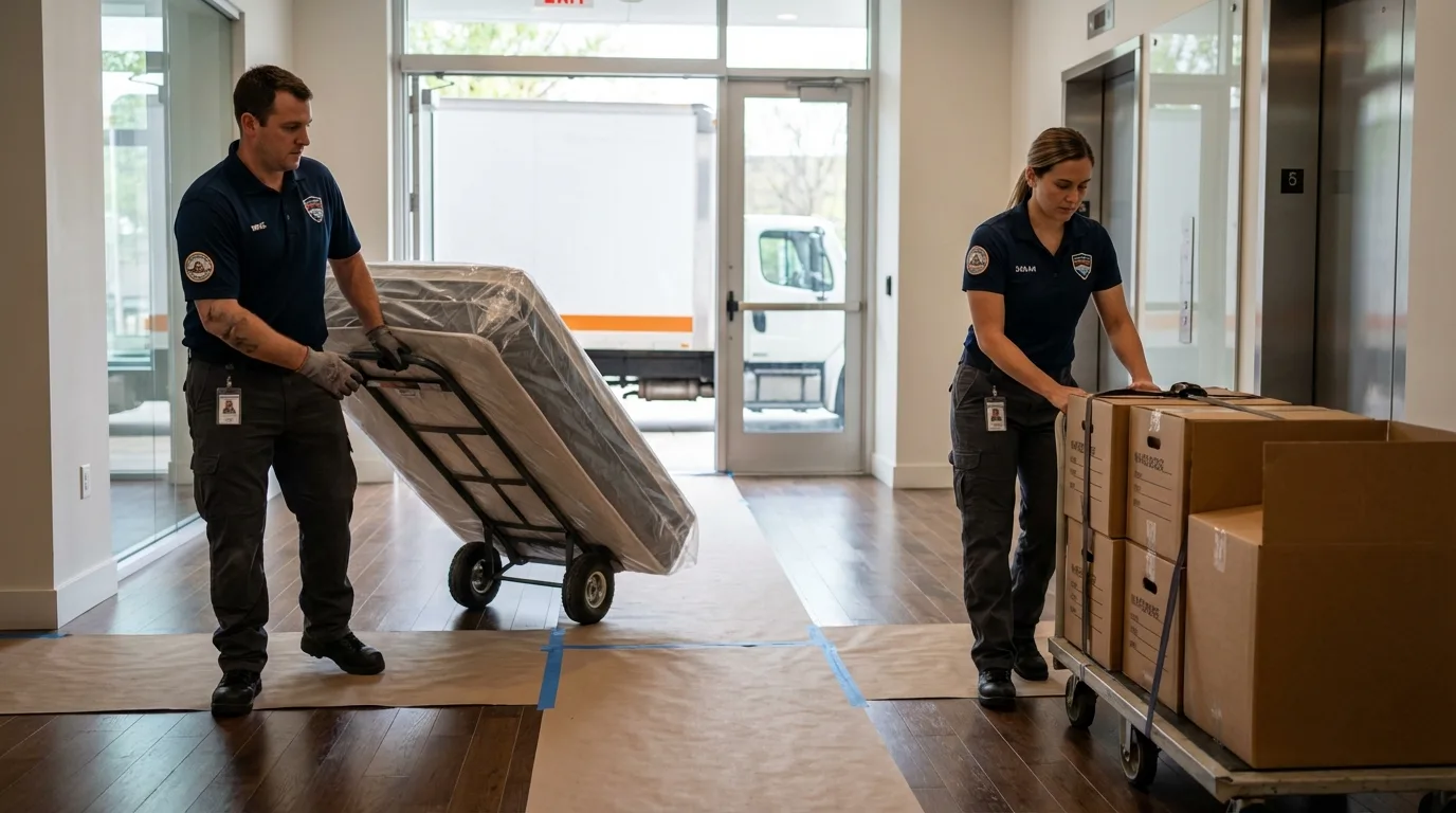 Professional apartment movers loading elevator in High Ridge, MO